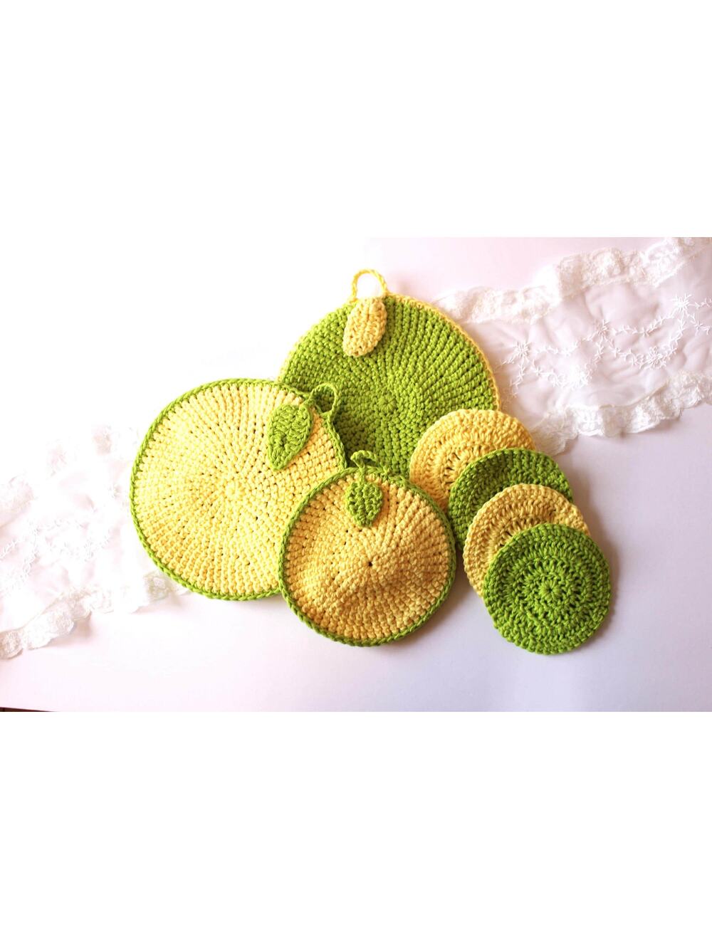 Lemon Lime Themed Kitchen Set of Handmade Crochet Hot Pad Trivets and Coasters